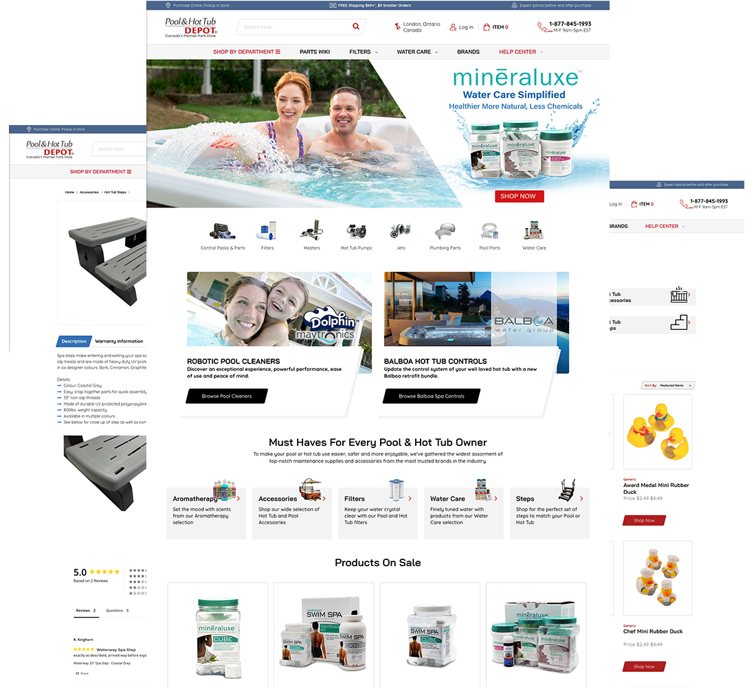 PoolandHotTubDepot Home, Category and Product page templates.
