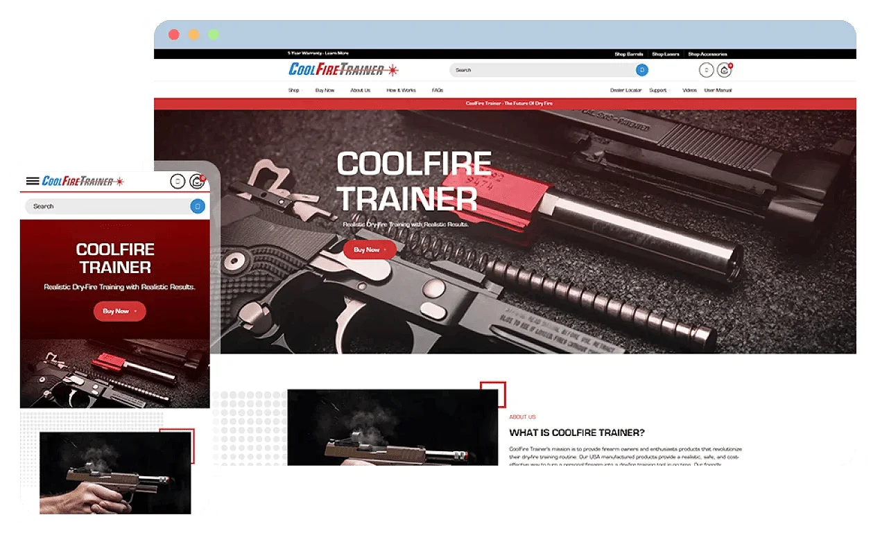 Firearms Marketing and Visibility Challenges Mobile and desktop layouts of Cool Fire Trainer BigCommerce store designed by MAKDigital