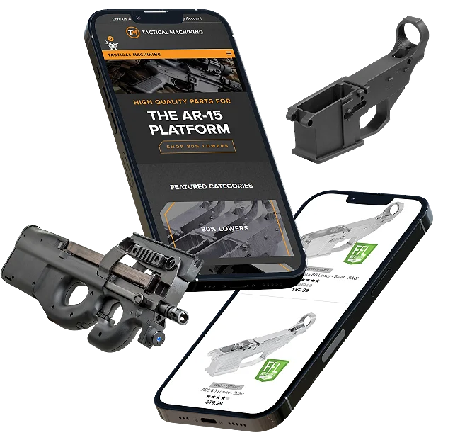 Mobile responsive web design for Tactical Machining firearms store with gun and lower receiver