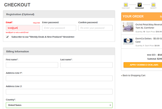 Instant Checkout Field Validation