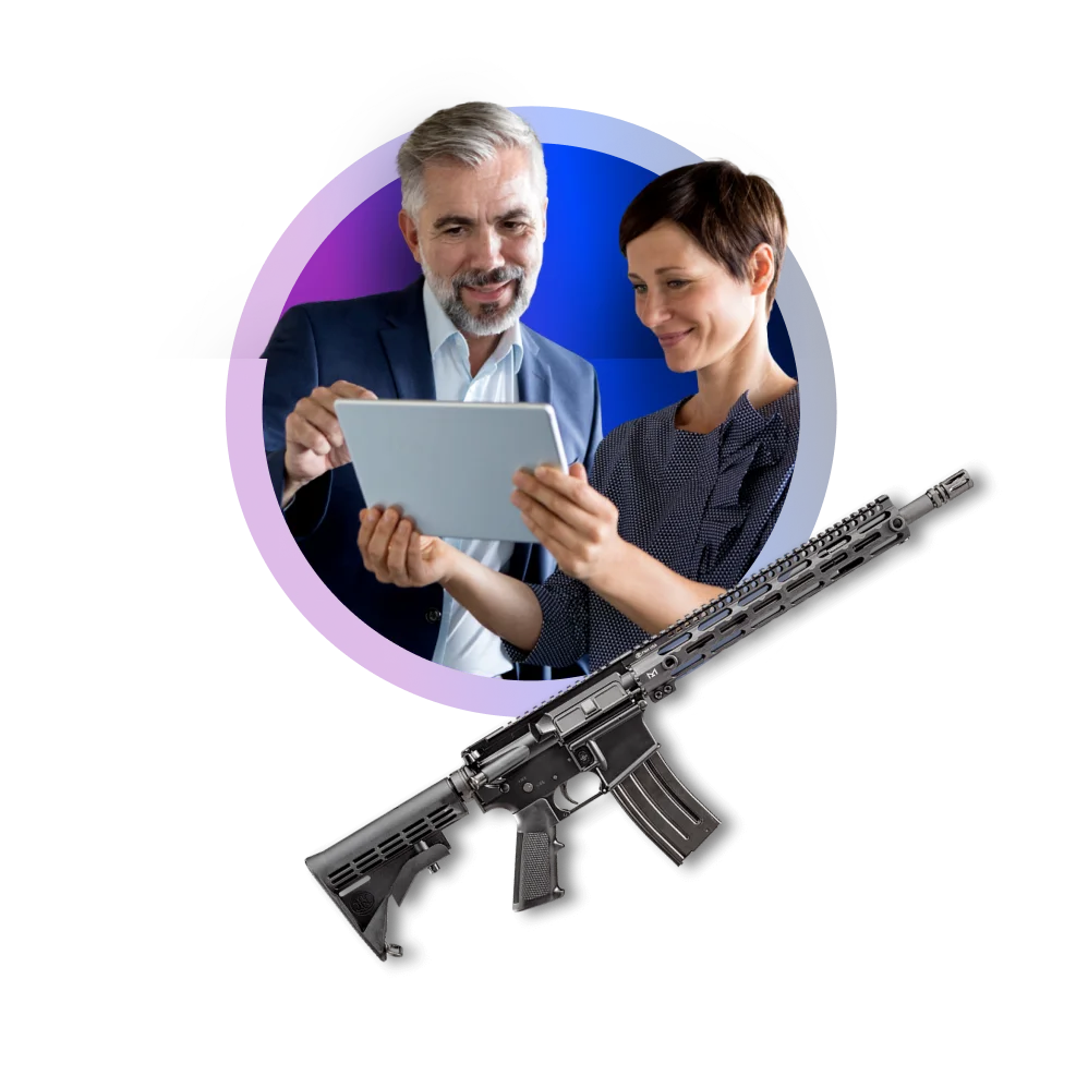 Firearms industries we serve Firearms industry professionals reviewing digital strategy with AR rifle graphic for industries we serve