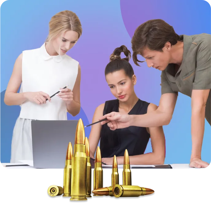 Local SEO Development Case Study Group planning digital strategy for gun shop website with bullets symbolizing firearms industry