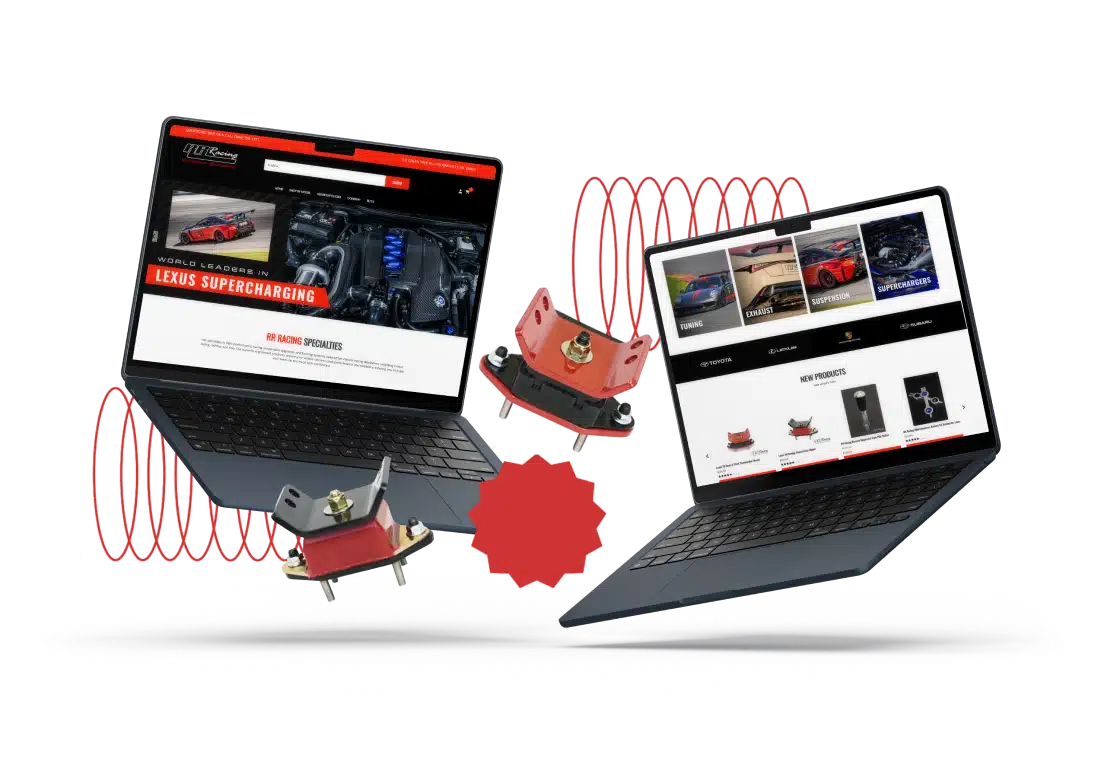 Screenshots of RR Racing website redesign by MAKDigital, showing homepage on the left laptop and lower homepage sections with products on the right laptop, displayed alongside red automotive parts and coil spring graphics.